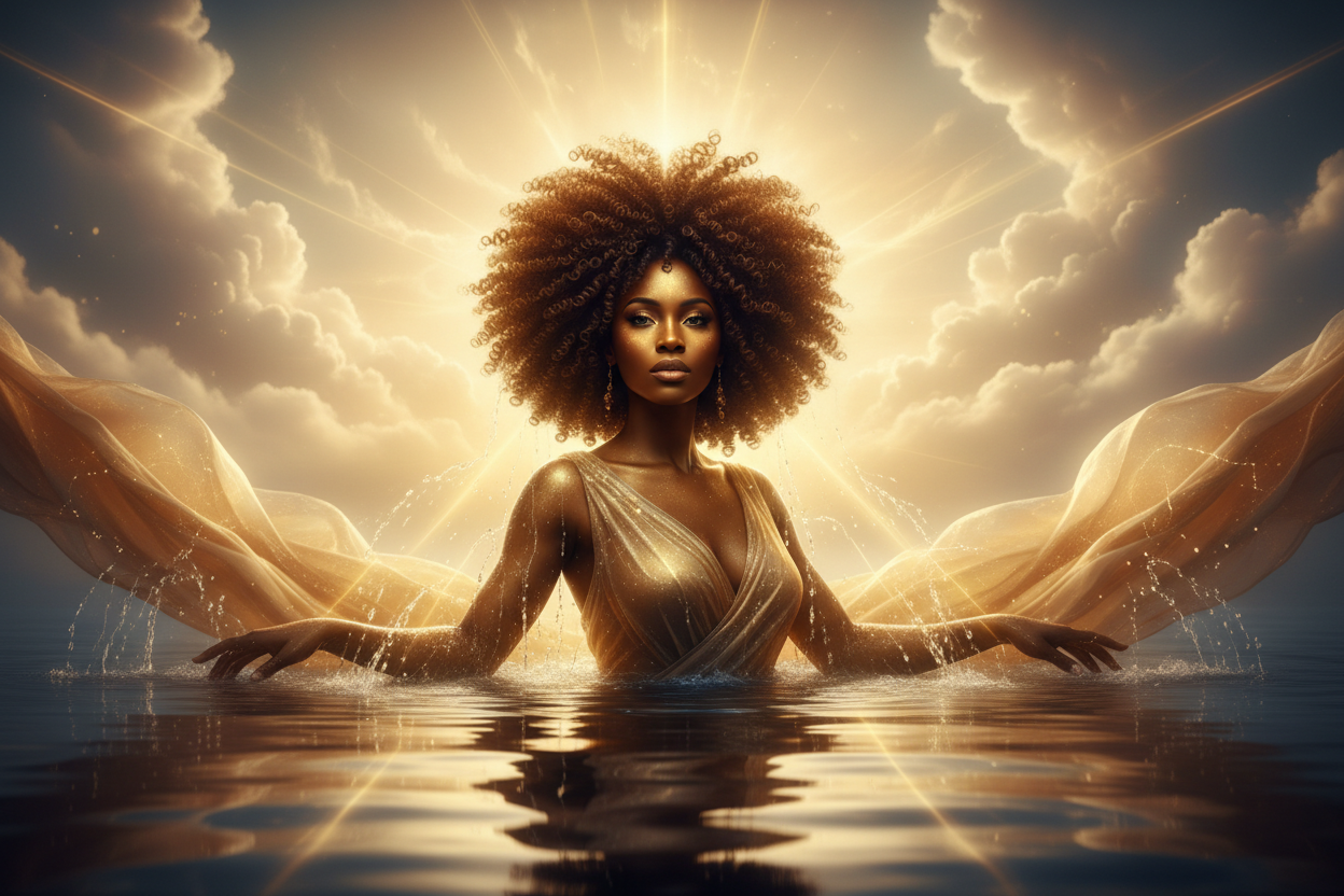 Femme noire, peau lumineuse, cheveux crépus volumineux sans séparation des boucles, ambiance divine / dorée / nuages doux sortant d'une rivière.
Regard confiant, allure “déesse”.
Format bannière